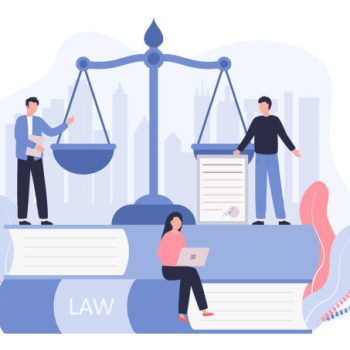 Concept Law, Justice. Legal service, services of a lawyer, notary. Men against the backdrop of the city discuss legal issues, a woman works on a laptop. Vector flat illustration on a white background.