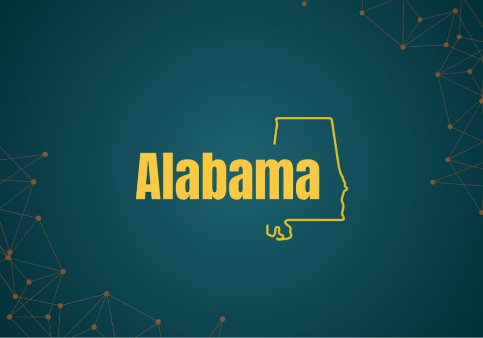 A graphic featuring the word "Alabama" in bold yellow letters, accompanied by a thin outline of the state's shape. The background is a dark teal color with a subtle pattern of interconnected dots and lines.