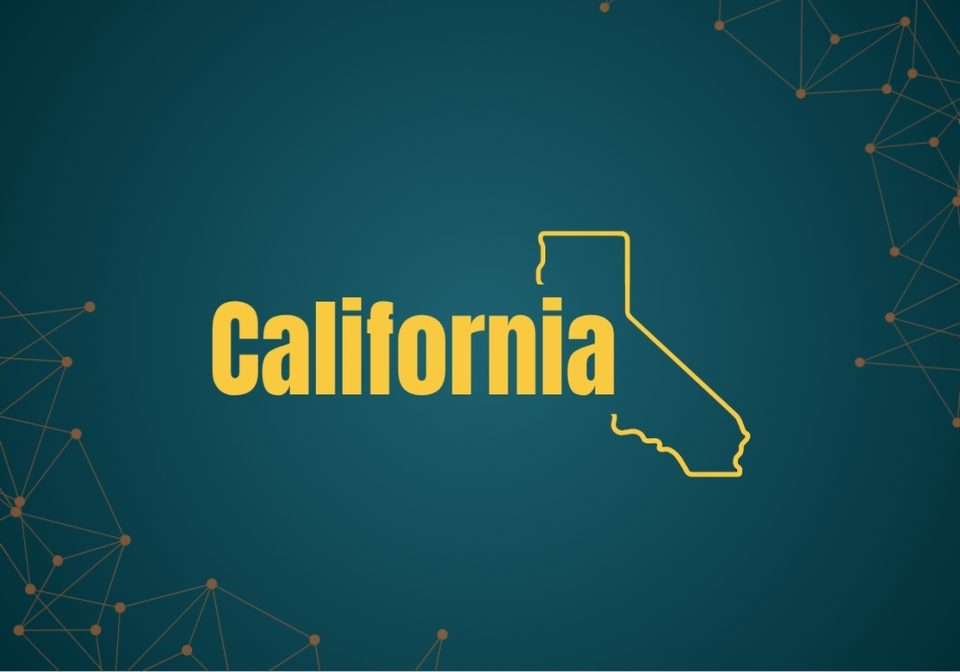 A graphic featuring the word "California" in bold yellow letters, accompanied by a thin outline of the state's shape. The background is a dark teal color with a subtle pattern of interconnected dots and lines.