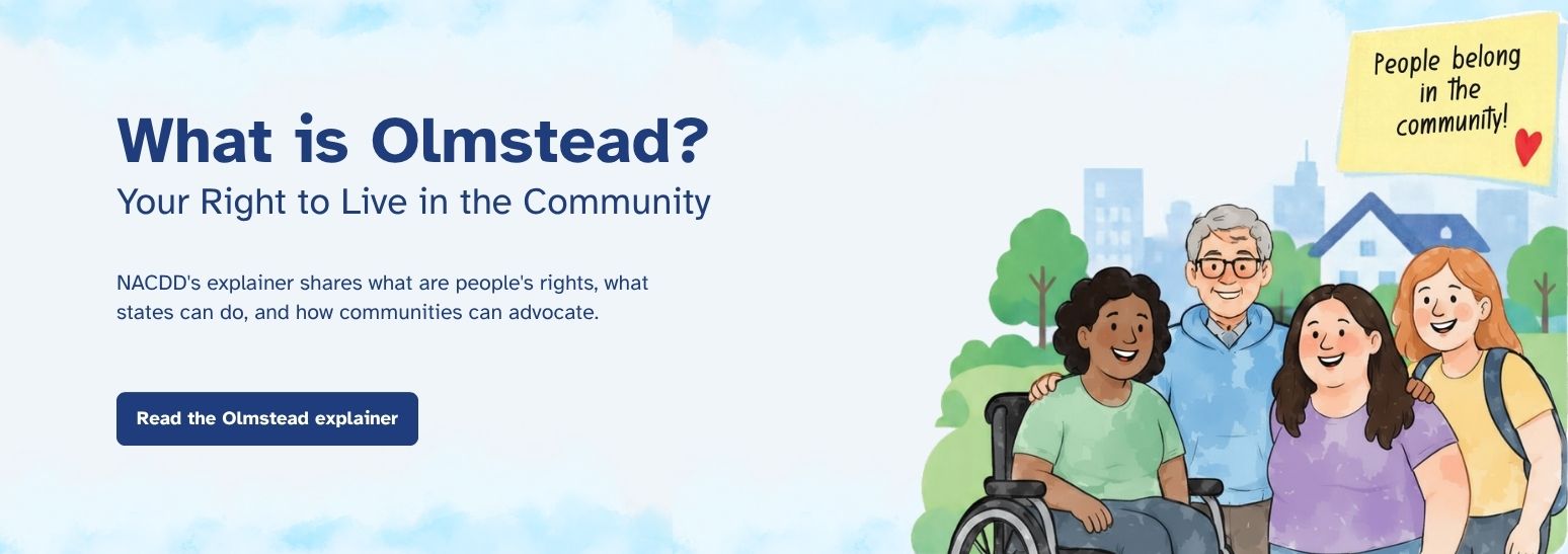 Illustration promoting the Olmstead Decision and community living, with three smiling people, including a wheelchair user.